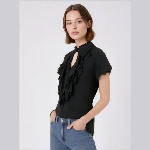 Women's Black Ruffle Front Vintage Forever 21 Shirt Size Small - Picture 1 of 5